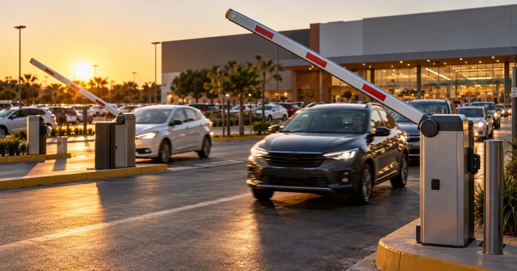 Cancelas automáticas na entrada de estacionamento de supermercado ao entardecer