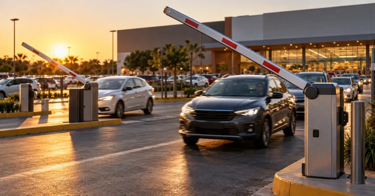Cancelas automáticas na entrada de estacionamento de supermercado ao entardecer